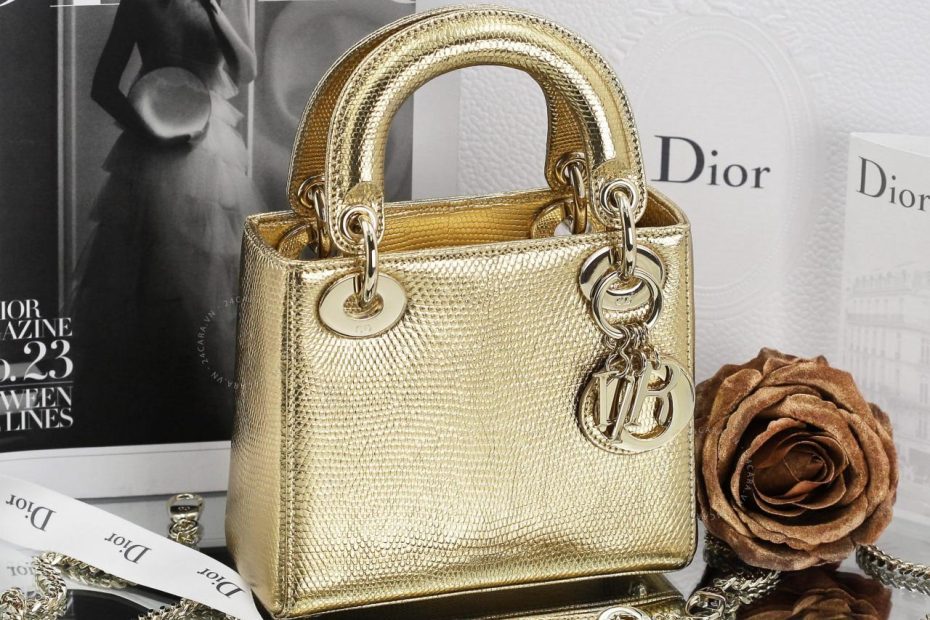 Christian Dior Lady Mini Bag Lizard Skin Leather In Gold